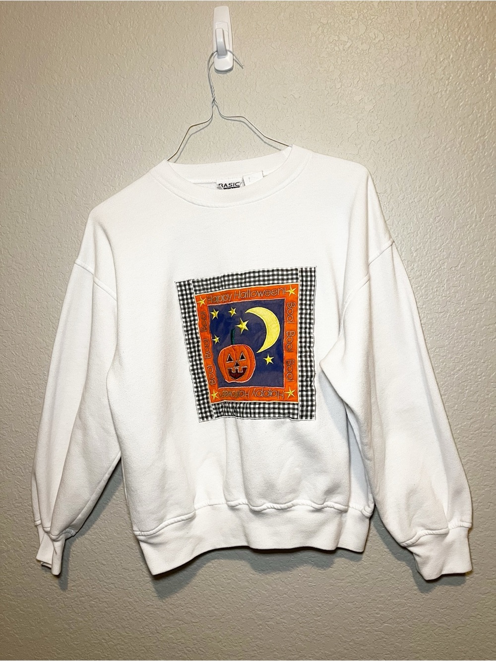 Vintage 90s Happy Halloween Pumpkin Moon Gingham Patch White Sweatshirt Medium M